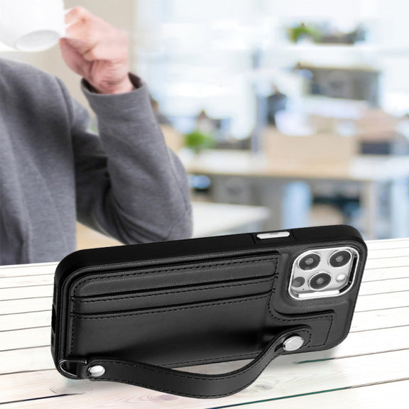 For iPhone 12 / 12 Pro Shockproof Leather Phone Case with Wrist Strap(Black)
