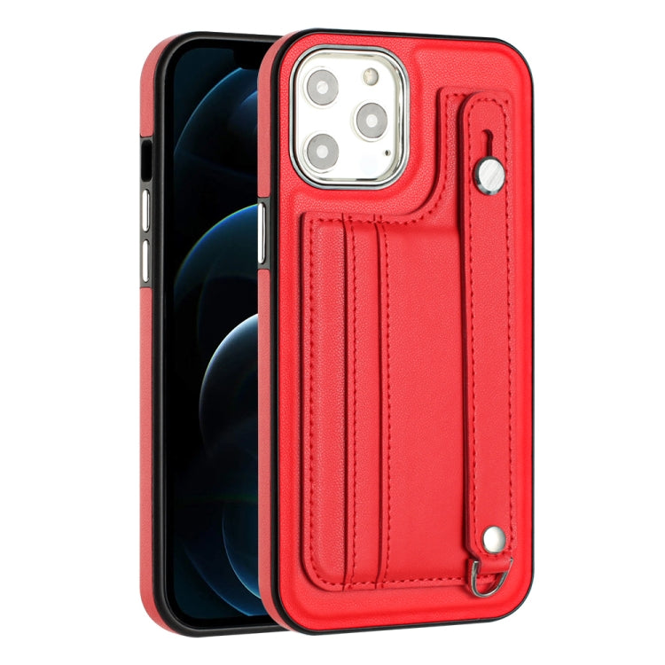 For iPhone 12 Pro Max Shockproof Leather Phone Case with Wrist Strap(Red)
