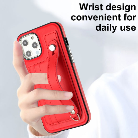 For iPhone 12 Pro Max Shockproof Leather Phone Case with Wrist Strap(Red)