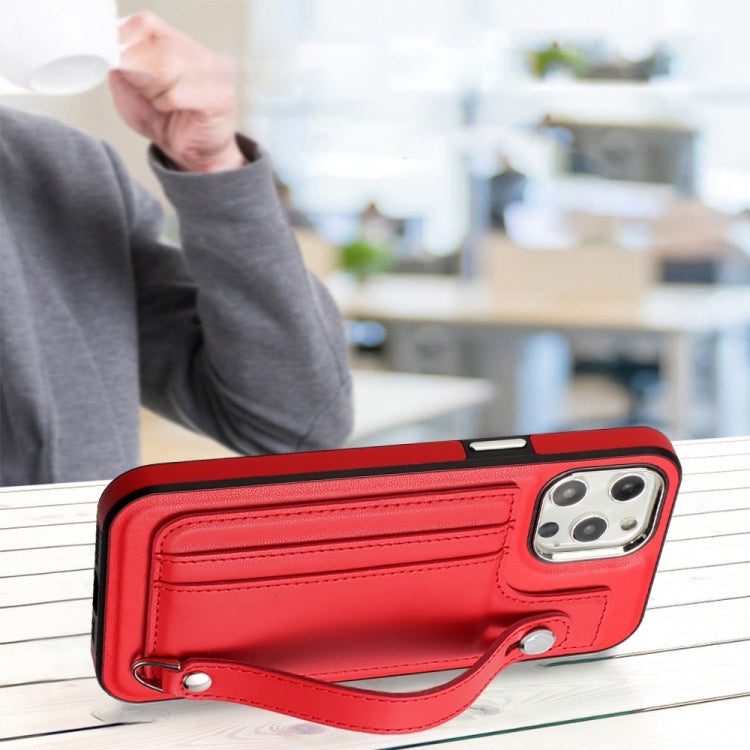 For iPhone 12 Pro Max Shockproof Leather Phone Case with Wrist Strap(Red)
