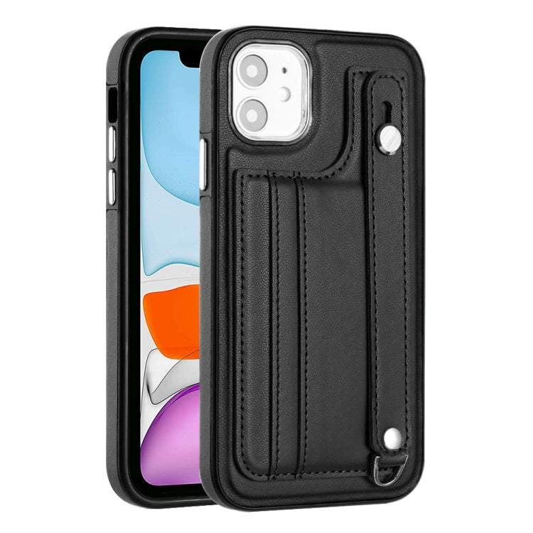 For iPhone 11 Shockproof Leather Phone Case with Wrist Strap(Black)