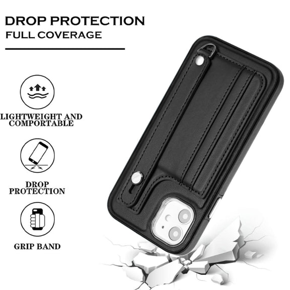 For iPhone 11 Shockproof Leather Phone Case with Wrist Strap(Black)