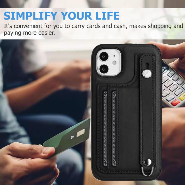 For iPhone 11 Shockproof Leather Phone Case with Wrist Strap(Black)