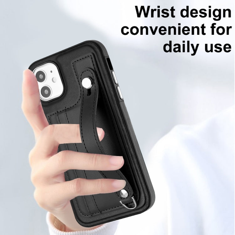 For iPhone 11 Shockproof Leather Phone Case with Wrist Strap(Black)