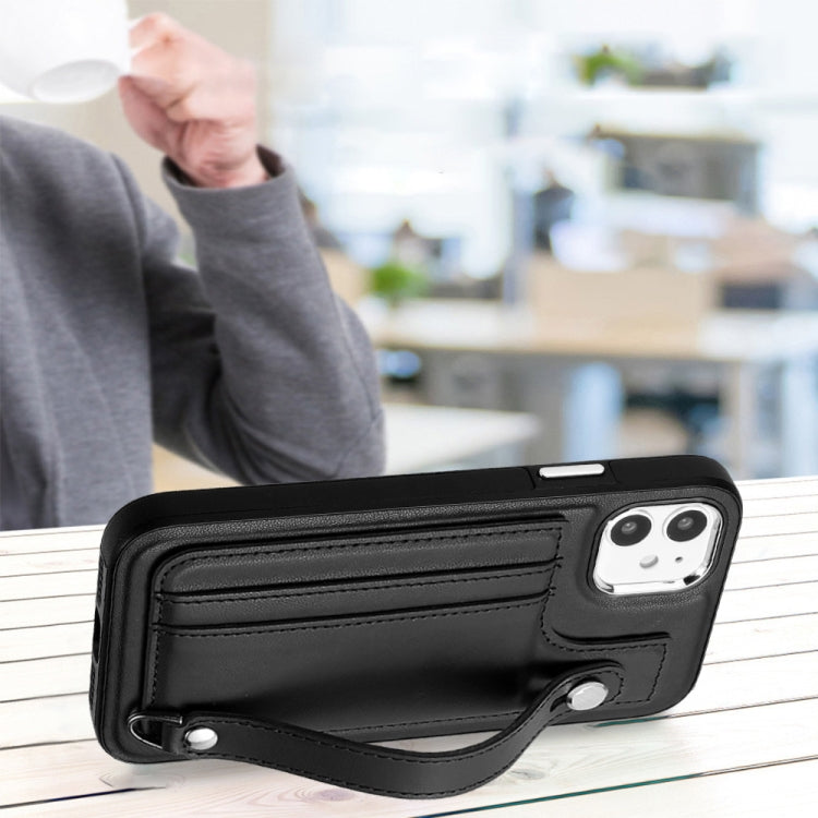 For iPhone 11 Shockproof Leather Phone Case with Wrist Strap(Black)