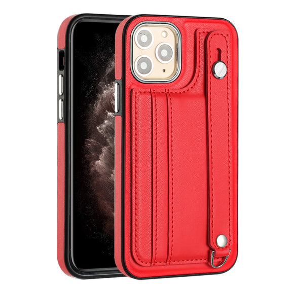 For iPhone 11 Pro Shockproof Leather Phone Case with Wrist Strap(Red)