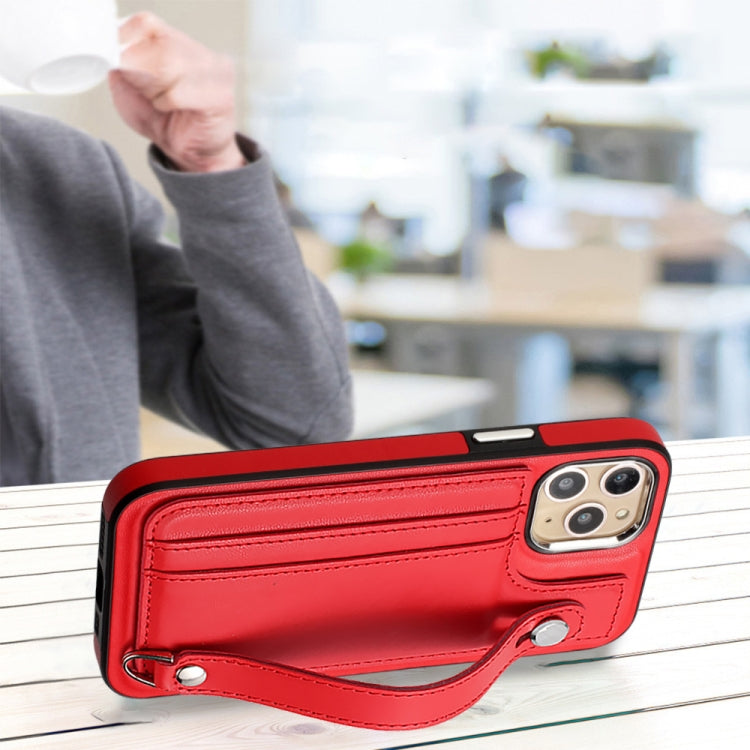 For iPhone 11 Pro Shockproof Leather Phone Case with Wrist Strap(Red)