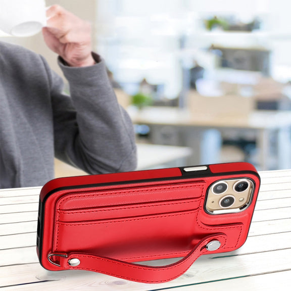 For iPhone 11 Pro Shockproof Leather Phone Case with Wrist Strap(Red)