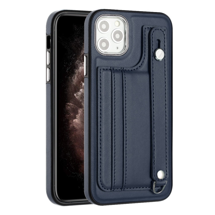 For iPhone 11 Pro Max Shockproof Leather Phone Case with Wrist Strap(Blue)