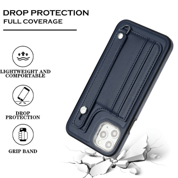For iPhone 11 Pro Max Shockproof Leather Phone Case with Wrist Strap(Blue)