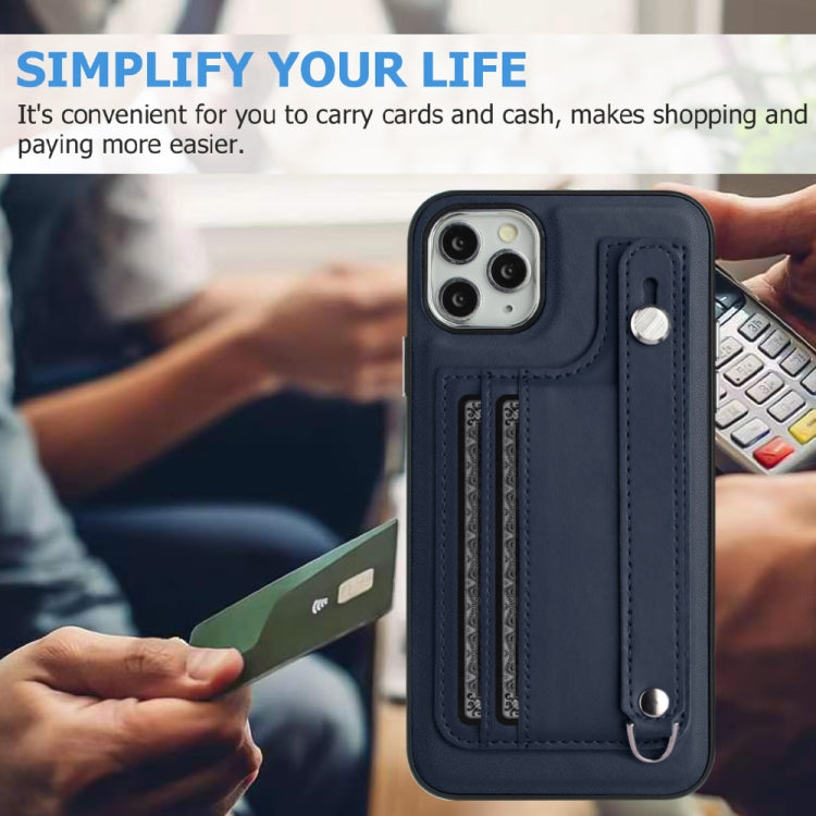 For iPhone 11 Pro Max Shockproof Leather Phone Case with Wrist Strap(Blue)