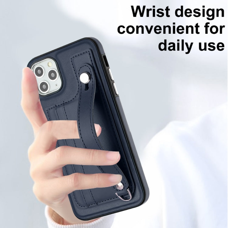For iPhone 11 Pro Max Shockproof Leather Phone Case with Wrist Strap(Blue)