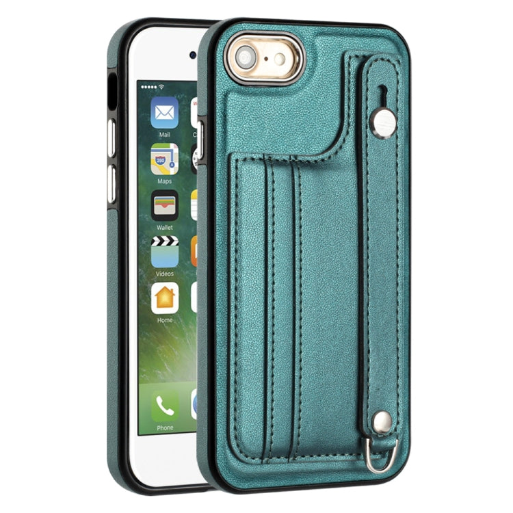 For iPhone SE 2022/SE 2020/6/7/8 Shockproof Leather Phone Case with Wrist Strap(Green)