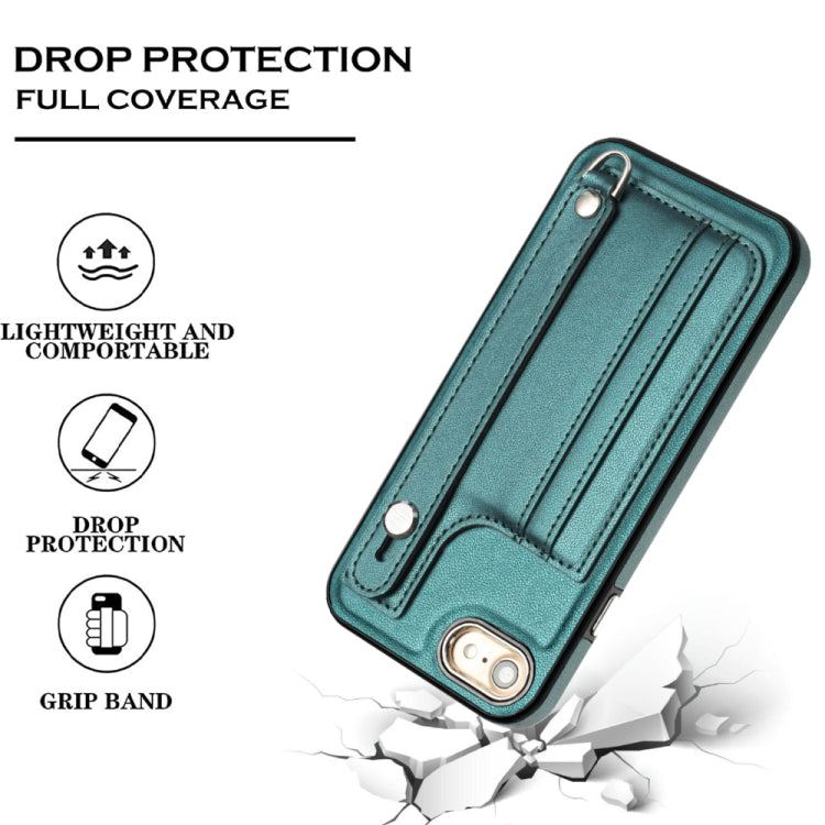 For iPhone SE 2022/SE 2020/6/7/8 Shockproof Leather Phone Case with Wrist Strap(Green)