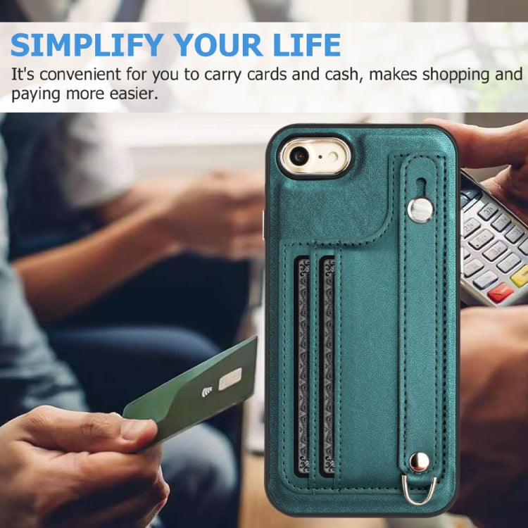 For iPhone SE 2022/SE 2020/6/7/8 Shockproof Leather Phone Case with Wrist Strap(Green)