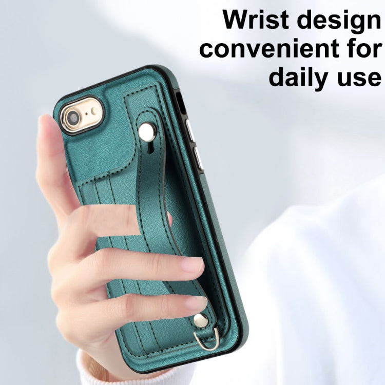 For iPhone SE 2022/SE 2020/6/7/8 Shockproof Leather Phone Case with Wrist Strap(Green)