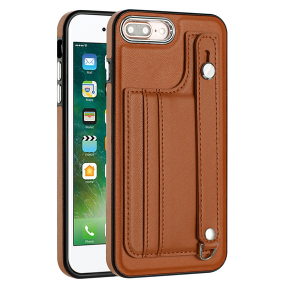 For iPhone 6 Plus/7 Plus/8 Plus Shockproof Leather Phone Case with Wrist Strap(Brown)