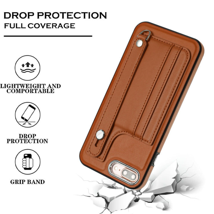 For iPhone 6 Plus/7 Plus/8 Plus Shockproof Leather Phone Case with Wrist Strap(Brown)