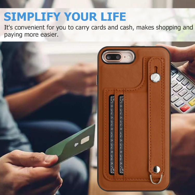 For iPhone 6 Plus/7 Plus/8 Plus Shockproof Leather Phone Case with Wrist Strap(Brown)