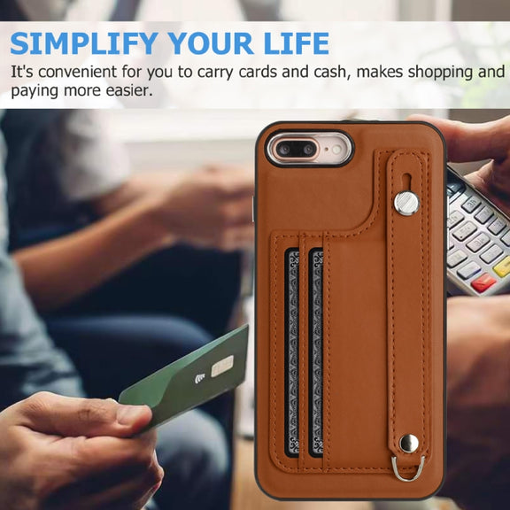 For iPhone 6 Plus/7 Plus/8 Plus Shockproof Leather Phone Case with Wrist Strap(Brown)
