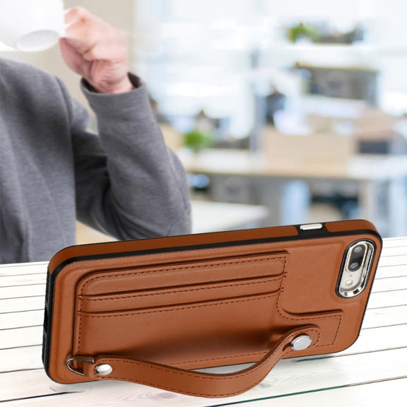 For iPhone 6 Plus/7 Plus/8 Plus Shockproof Leather Phone Case with Wrist Strap(Brown)