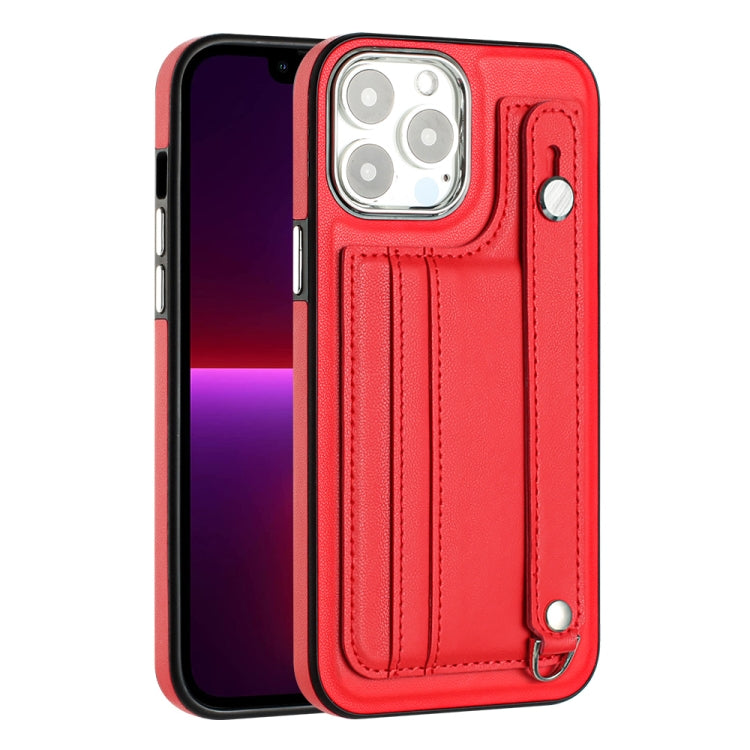 For iPhone 15 Pro Max Shockproof Leather Phone Case with Wrist Strap(Red)