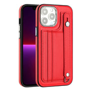 For iPhone 15 Pro Max Shockproof Leather Phone Case with Wrist Strap(Red)