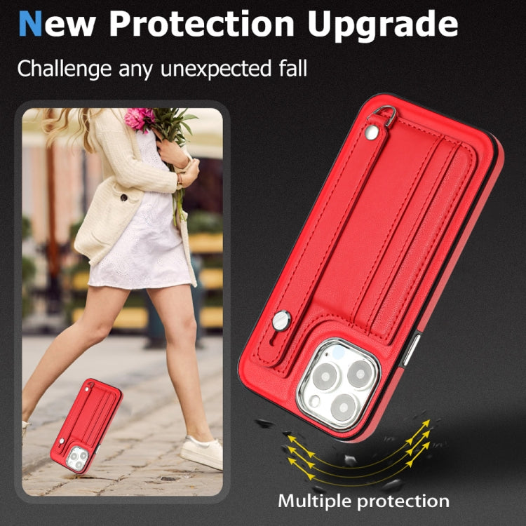 For iPhone 15 Pro Max Shockproof Leather Phone Case with Wrist Strap(Red)