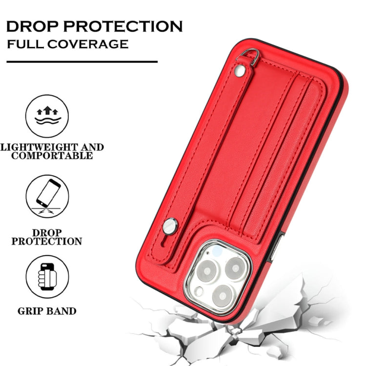 For iPhone 15 Pro Max Shockproof Leather Phone Case with Wrist Strap(Red)