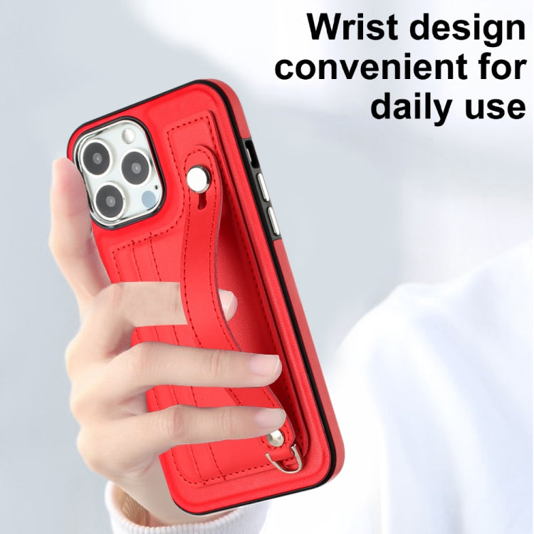 For iPhone 15 Pro Max Shockproof Leather Phone Case with Wrist Strap(Red)