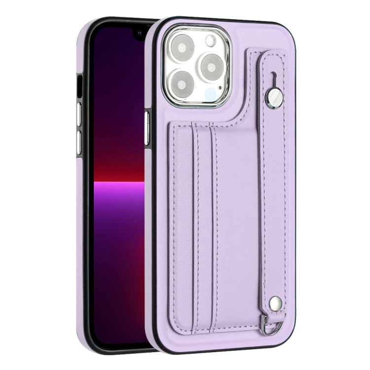 For iPhone 15 Pro Shockproof Leather Phone Case with Wrist Strap(Purple)