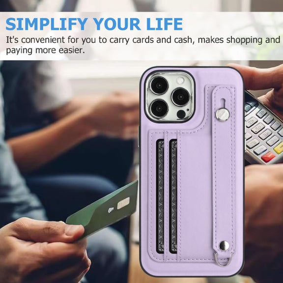 For iPhone 15 Pro Shockproof Leather Phone Case with Wrist Strap(Purple)