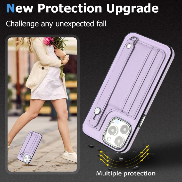 For iPhone 15 Pro Shockproof Leather Phone Case with Wrist Strap(Purple)