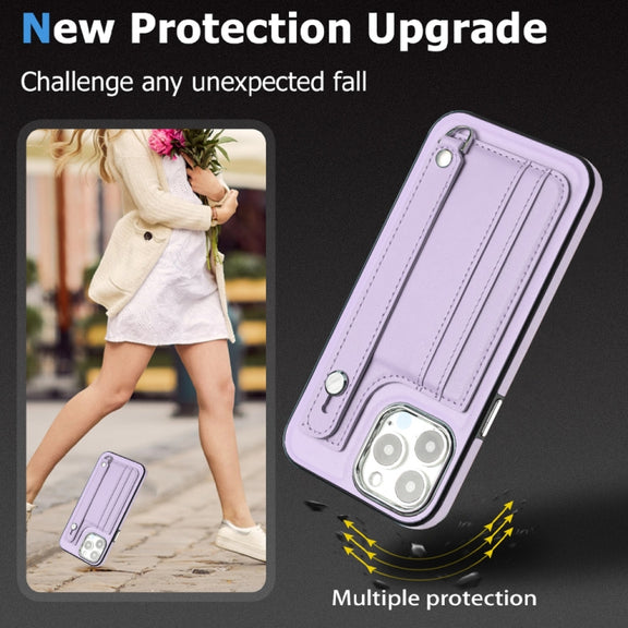 For iPhone 15 Pro Shockproof Leather Phone Case with Wrist Strap(Purple)