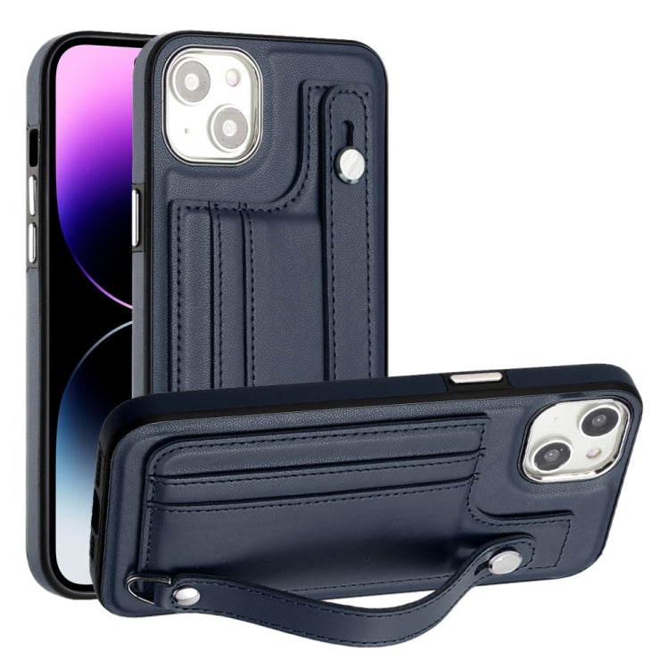 For iPhone 15 Plus Shockproof Leather Phone Case with Wrist Strap(Blue)