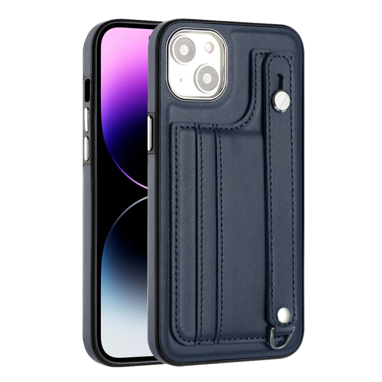 For iPhone 15 Plus Shockproof Leather Phone Case with Wrist Strap(Blue)