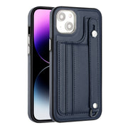 For iPhone 15 Plus Shockproof Leather Phone Case with Wrist Strap(Blue)