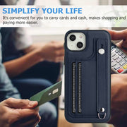 For iPhone 15 Plus Shockproof Leather Phone Case with Wrist Strap(Blue)