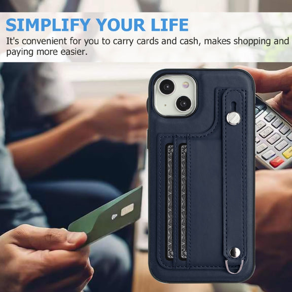 For iPhone 15 Plus Shockproof Leather Phone Case with Wrist Strap(Blue)