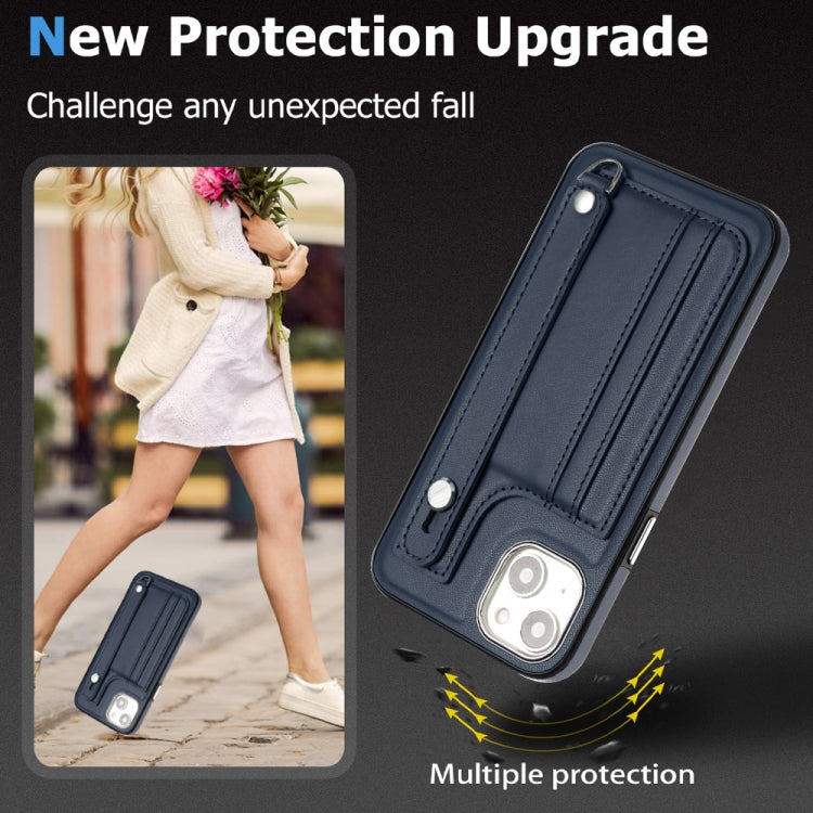 For iPhone 15 Plus Shockproof Leather Phone Case with Wrist Strap(Blue)
