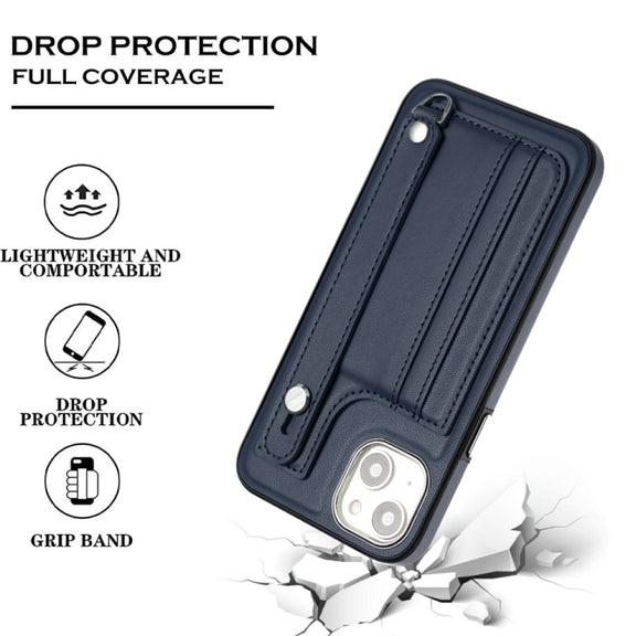 For iPhone 15 Plus Shockproof Leather Phone Case with Wrist Strap(Blue)