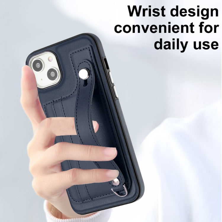 For iPhone 15 Plus Shockproof Leather Phone Case with Wrist Strap(Blue)