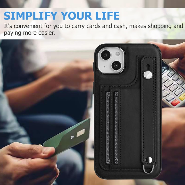 For iPhone 15 Shockproof Leather Phone Case with Wrist Strap(Black)