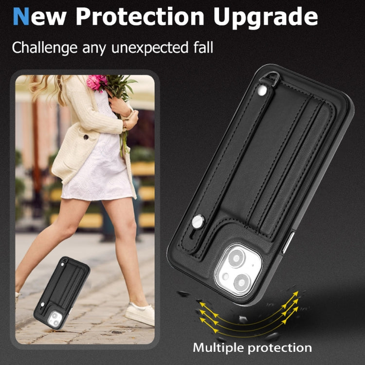 For iPhone 15 Shockproof Leather Phone Case with Wrist Strap(Black)