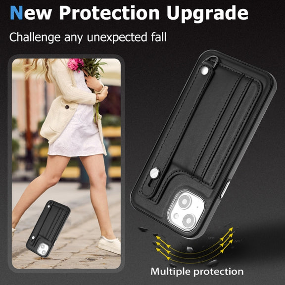 For iPhone 15 Shockproof Leather Phone Case with Wrist Strap(Black)