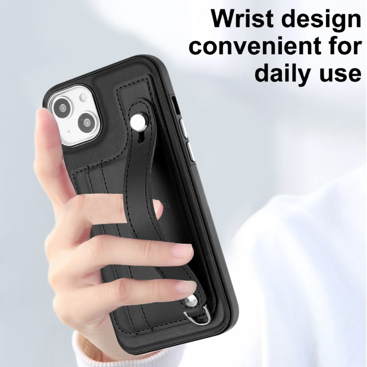For iPhone 15 Shockproof Leather Phone Case with Wrist Strap(Black)
