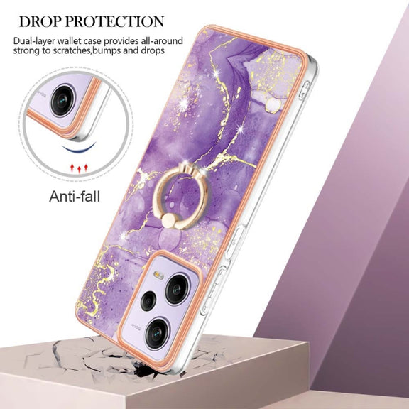 For Xiaomi Redmi Note 12 Pro 5G Global Electroplating Marble IMD TPU Phone Case with Ring Holder(Purple 002)