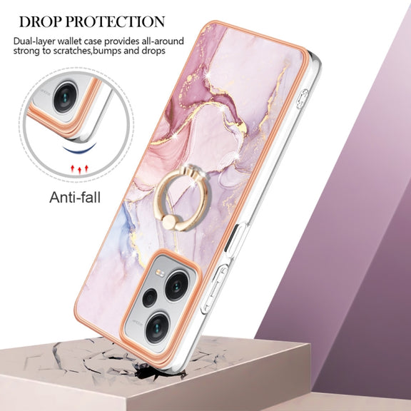 For Xiaomi Redmi Note 12 Pro+ Global Electroplating Marble IMD TPU Phone Case with Ring Holder(Rose Gold 005)
