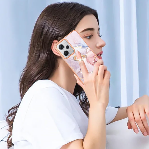 For Xiaomi Redmi Note 12 Pro+ Global Electroplating Marble IMD TPU Phone Case with Ring Holder(Rose Gold 005)