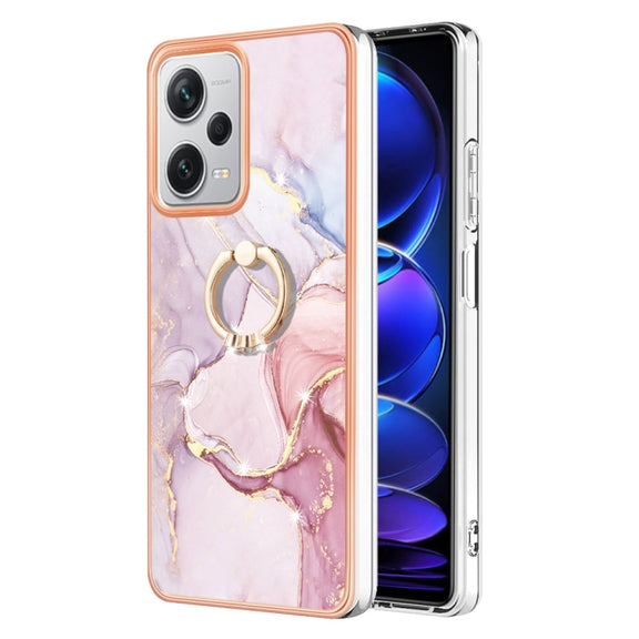For Xiaomi Redmi Note 12 Pro+ Global Electroplating Marble IMD TPU Phone Case with Ring Holder(Rose Gold 005)